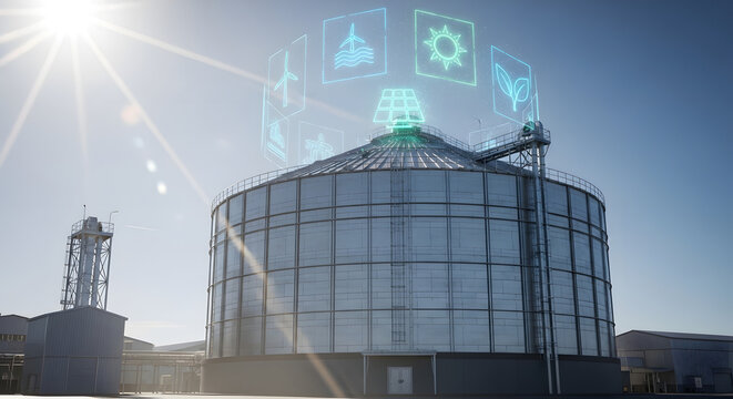 A large metallic silo for biomass storage under a clear blue sky. Digital icons representing technology and sustainability hover above the structure.