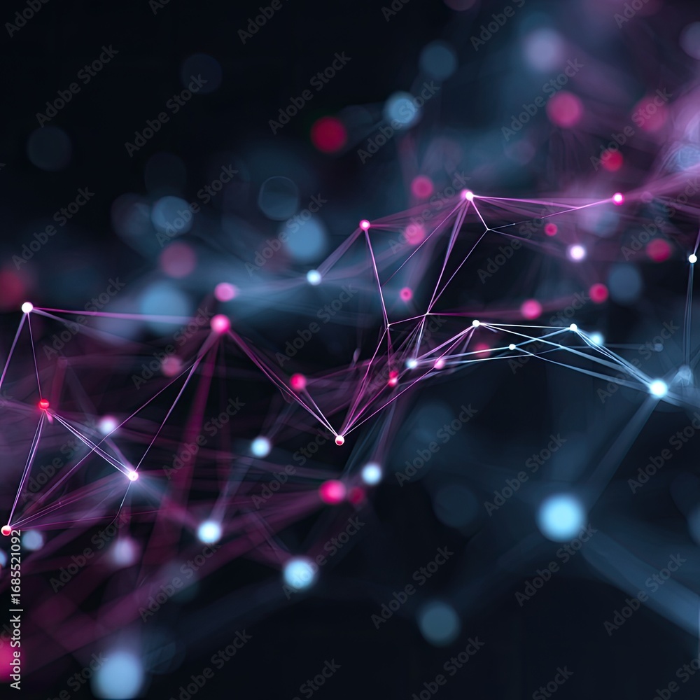 Poster networklike structure with pink and blue nodes connected by faint lines on a dark background