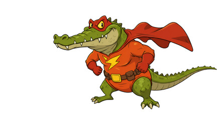Superhero Alligator: A bold and vibrant cartoon depiction of a superhero alligator stands with confidence, ready to fight any wrong, embodying bravery, courage, and extraordinary strength.