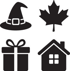 Seasonal Icon Set: A collection of graphic icons for autumn and gift, Halloween, autumn leaf, house, perfect for designing, showcasing seasonal festivities.