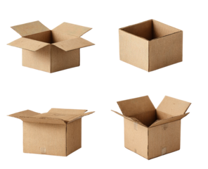 Four open cardboard boxes arranged in a grid.  Each box is square and light brownish-tan.  The boxes are in different open positions