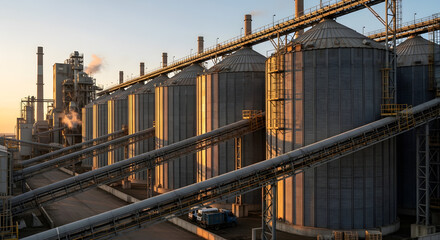 Industrial silos for biomass storage at sunset. Metal structures with pipelines, showcasing modern agricultural technology and energy production.