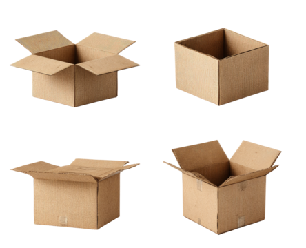 Four open cardboard boxes arranged in a grid.  Each box is square and light brownish-tan.  The boxes are in different open positions - Powered by Adobe
