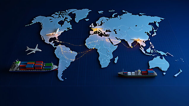 A world map displaying global logistics routes with airplanes and ships illustrating international trade and transportation networks