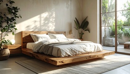 Minimalist platform bed in warm oak wood with linen bedding, styled in a bright neutral room with soft daylight and textured stone accents.