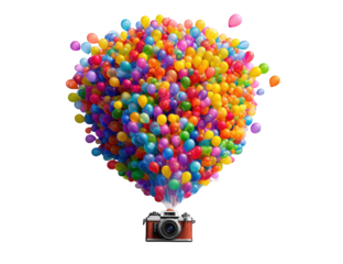 Colorful balloons clustered around a camera