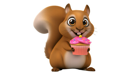 Squirrel with cupcake : A charming and friendly squirrel proudly holds a delightful cupcake with pink frosting and a single candle, set against a clean backdrop. Evoking feelings of sweetness and joy.