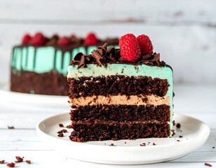 Chocolate cake slice with mint frosting and raspberries