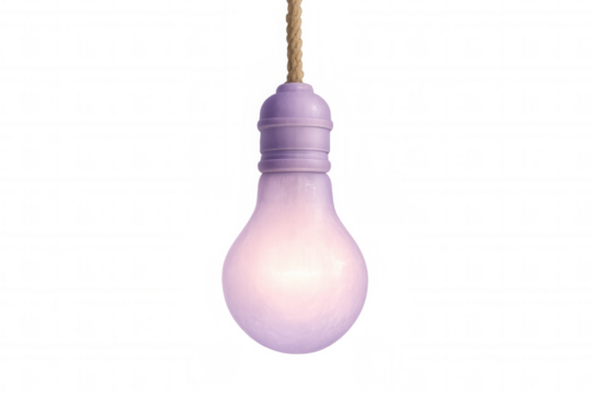 Purple light bulb glowing, suspended from rope, symbolizing innovative design against transparent backdrop