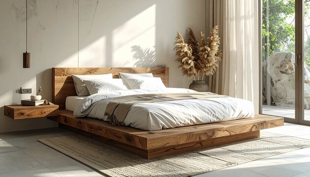 Minimalist platform bed in warm oak wood with linen bedding, styled in a bright neutral room with soft daylight and textured stone accents.