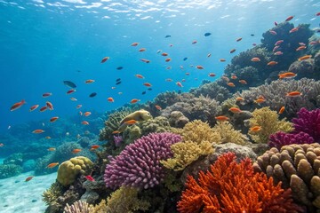 Obraz premium A breathtaking underwater scene of a vibrant coral reef teeming with schools of tropical fish