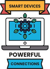 A poster with a laptop and a gear on it