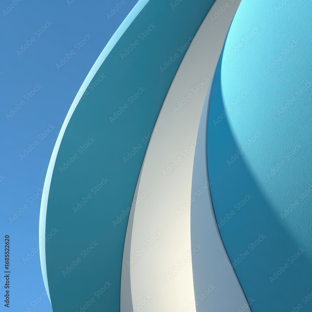 Poster a vibrant interplay of teal and white curves against a backdrop of azure sky, showcasing architectur