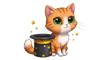 Magical Kitty and Hat: A whimsical orange tabby cat sits beside a magician's top hat, surrounded by sparkling stars, creating a scene of enchantment.