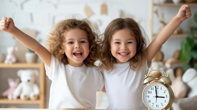 Two joyful children raise their arms in excitement while looking at an alarm clock in a playful setting. Cozy playroom with soft toys and cheerful decor