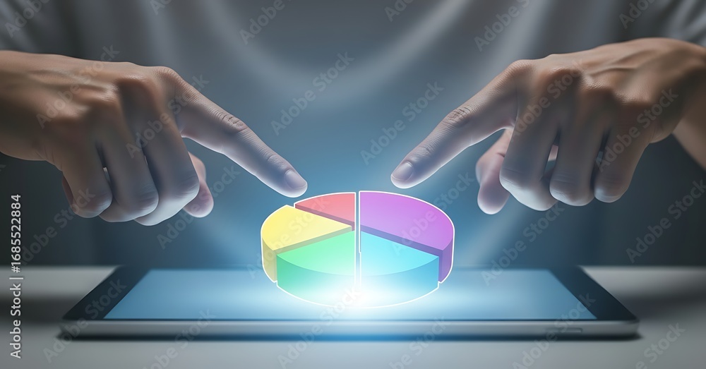 Poster hands interacting with a glowing multi-colored pie chart on a tablet display, visualizing data and b