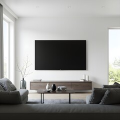 Sleek Minimalist Living Room with a Large Blank TV on a Pristine White Wall.