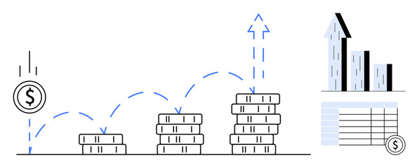 Obraz premium Coin stacks increasing in size, arrow indicating upward growth, table, and bar chart. Ideal for finance, investment, savings, business growth, economic analysis budgeting simple landing page
