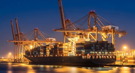 Nighttime view of a cargo ship at a brightly lit port, loaded with containers, under the illuminated cranes.