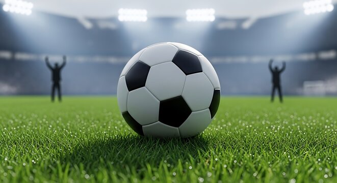 A soccer ball sits on a green field with blurred figures in the background. Spotlights illuminate the scene, adding to the excitement. - Powered by Adobe
