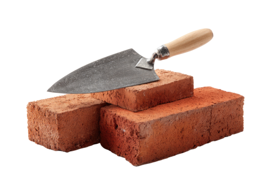 A trowel rests atop a stack of red bricks