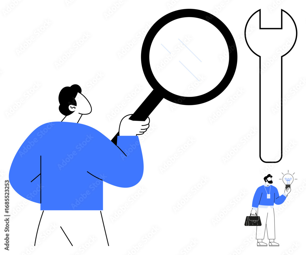 Poster man holding magnifying glass inspecting, with wrench representing tools and tiny figure with lightbu