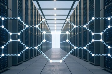 Futuristic Data Center Network Connections and Server Racks with Digital Network Overlay