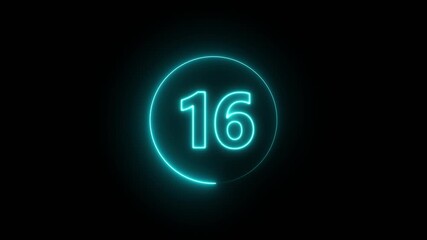 Abstract 16 neon text animation. Animation of glowing neon number text animation with alpha channel. Neon text 16 number icon on black background. 4k video