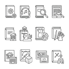 Digital Book Icons: A comprehensive collection of digital book icons, elegantly rendered in a minimalistic line art style. Perfect for illustrating a diverse range of subjects.