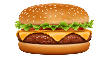 Delicious Hamburger Delight: A mouthwatering hamburger featuring a succulent patty, melted cheese, crisp lettuce, and ripe tomato, all nestled between a soft, sesame-seeded bun.