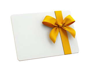 Gift card with a yellow ribbon bow.  A white rectangular card, angled,  is decorated with a bright, shiny yellow ribbon bow