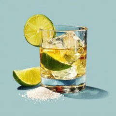 Vivid Tequila Drink Artwork Featuring Zesty Lime and Salt on a Stylish Bar Background