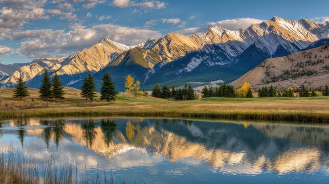Mountain scene with calm lake and soft light, perfect for outdoor adventure content or environmental campaigns.