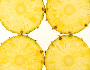 Four pineapple slices arranged in a grid pattern, showcasing the vibrant yellow flesh and green rind