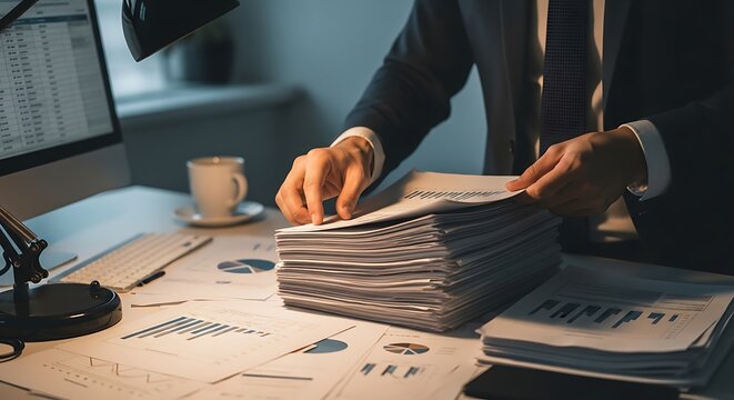 Document handling shows an organized professional amidst paper stacks, charts, computer, and a warm office atmosphere.