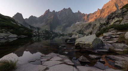 Mountain scene with calm lake and soft light, perfect for outdoor adventure content or environmental campaigns.