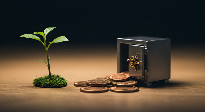 Financial growth concept with plant growing from coins and safe