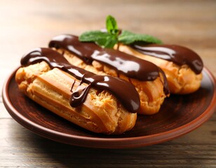 Chocolate ?clairs on a plate