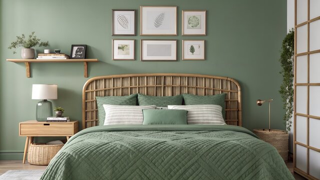 Cozy Bedroom Interior with Green Walls and Rattan Headboard on transparent background