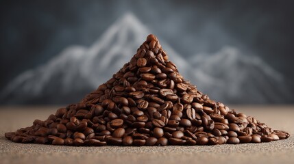 A pile of roasted coffee beans arranged in a conical shape. The background features blurred mountains, creating a natural setting.