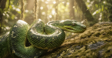 Fototapeta premium Exotic Green Snake – Emerald Tree Boa in Dense Tropical Forest Habitat 