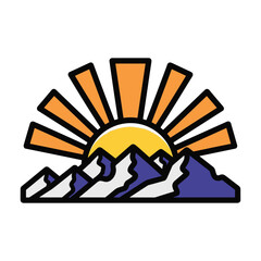 Stylized sun rising over purple and white snow capped mountains sunrise dawn