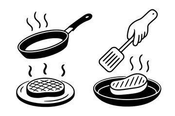 Four Monochrome Icons: Frying Pan, Steak, Spatula &ndash; Cooking Process Illustration