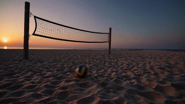 Sunset beach volleyball scene with net and ball on sand shore near ocean waves - Powered by Adobe