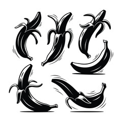 Black and white graphic illustration of six bananas in various peeling stages and orientations fruit