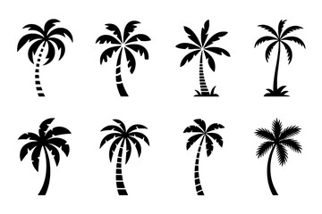 Eight Stylized Palm Tree Icons: A Collection of Black Silhouette Variations