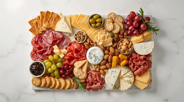 A generous charcuterie board filled with cured meats, cheeses, grapes, olives, nuts, crackers, and a dollop of jam, artfully arranged on a white marble surface.