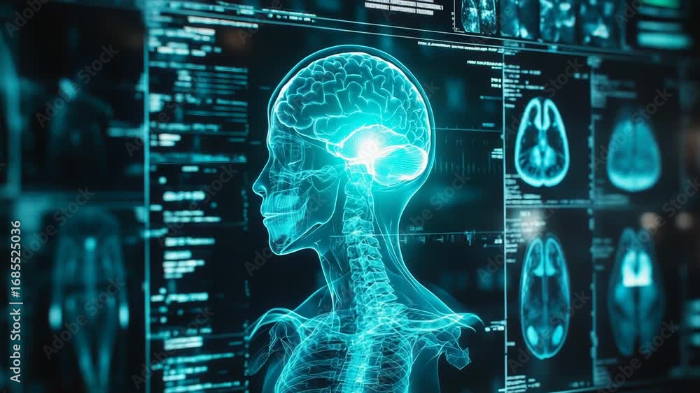 Poster futuristic interface showing brain and spine analysis data visualization