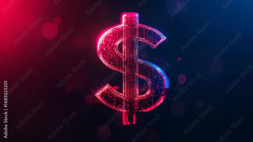 Poster glowing digital dollar sign disintegrating into particles on dark background
