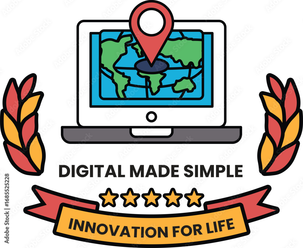 Poster a logo for digital made simple that is a laptop with a map on it